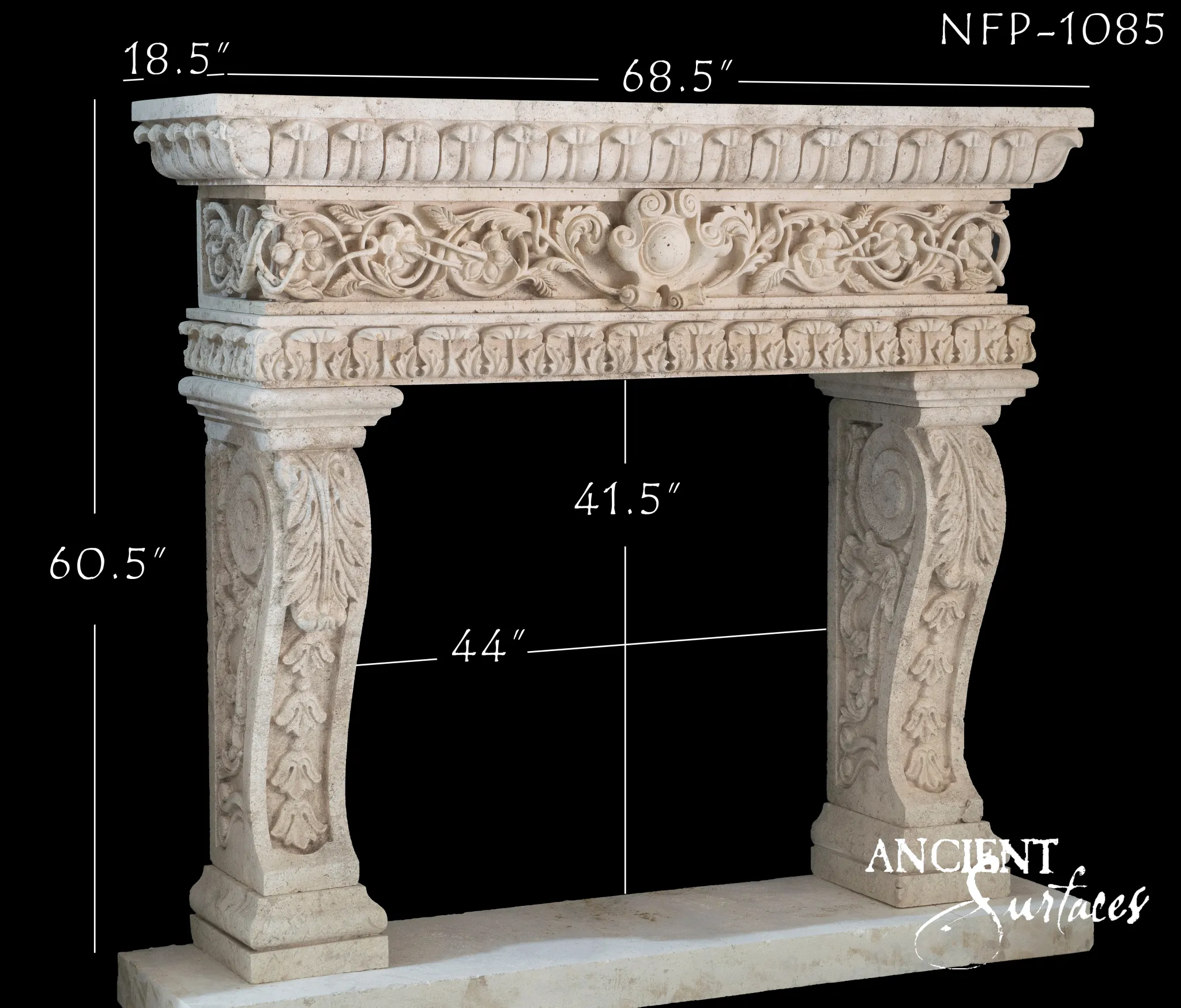 Reclaimed antique limestone mantel from Ancient Surfaces photographed against black, with a gadrooned shelf edge, an openwork foliate frieze around a central oval cartouche and scrolled acanthus carved legs on stepped plinths